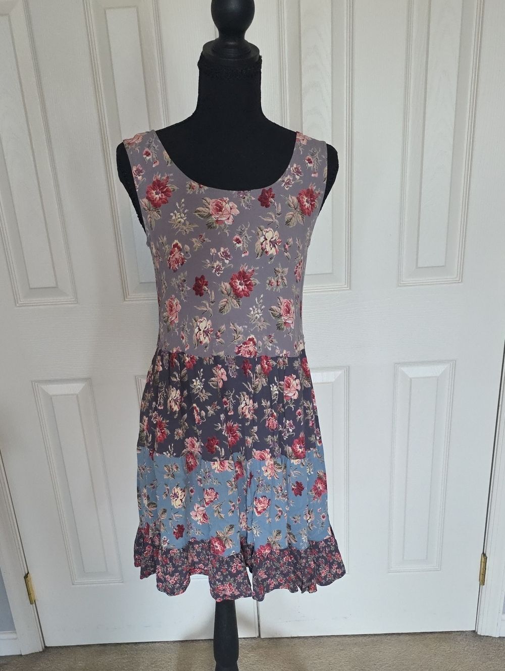 Karen Kane Floral Tiered Midi Dress in Gray, Navy, Blue and Pink